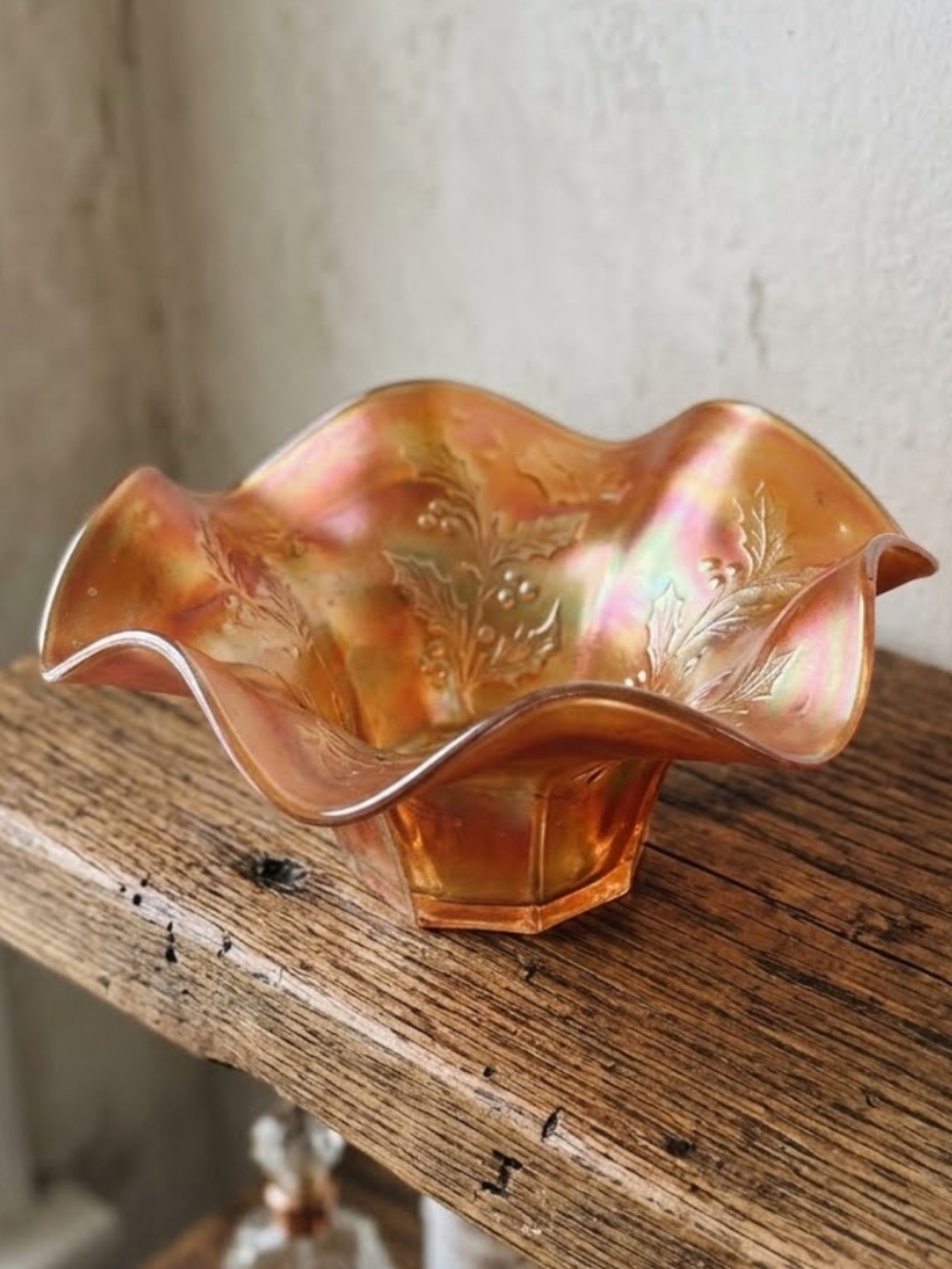 Antique Fenton Marigold Holly Carnival Glass Ruffled Candy Dish. Gorgeous!